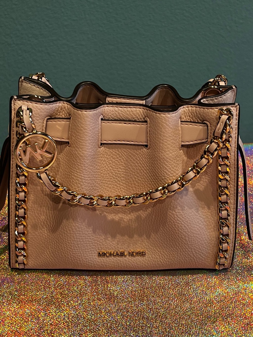 Michael Kors Pale Pink Pebbled Leather Chain-Trim Crossbody Bag